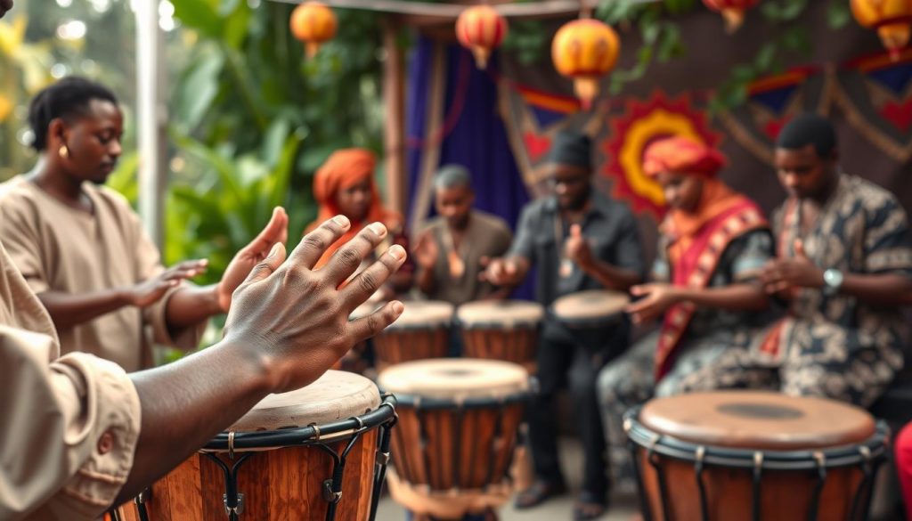 A vibrant scene depicting essential djembé striking techniques. In the foreground, a skilled musician, dressed in modest casual clothing, demonstrates various hand positions on a beautifully crafted djembé. The focus is on their hands, capturing the fluid motion and rhythm of playing. In the middle ground, other musicians are gathered, each engrossed in their playing, showcasing different techniques, enhancing a sense of community and learning. The background features lush greenery and colorful cultural decorations, suggesting an outdoor setting that resonates with African heritage. Soft, warm lighting creates an inviting atmosphere, highlighting the dynamic energy of the performance. The image conveys passion and enthusiasm for learning the fundamental techniques of djembé playing.