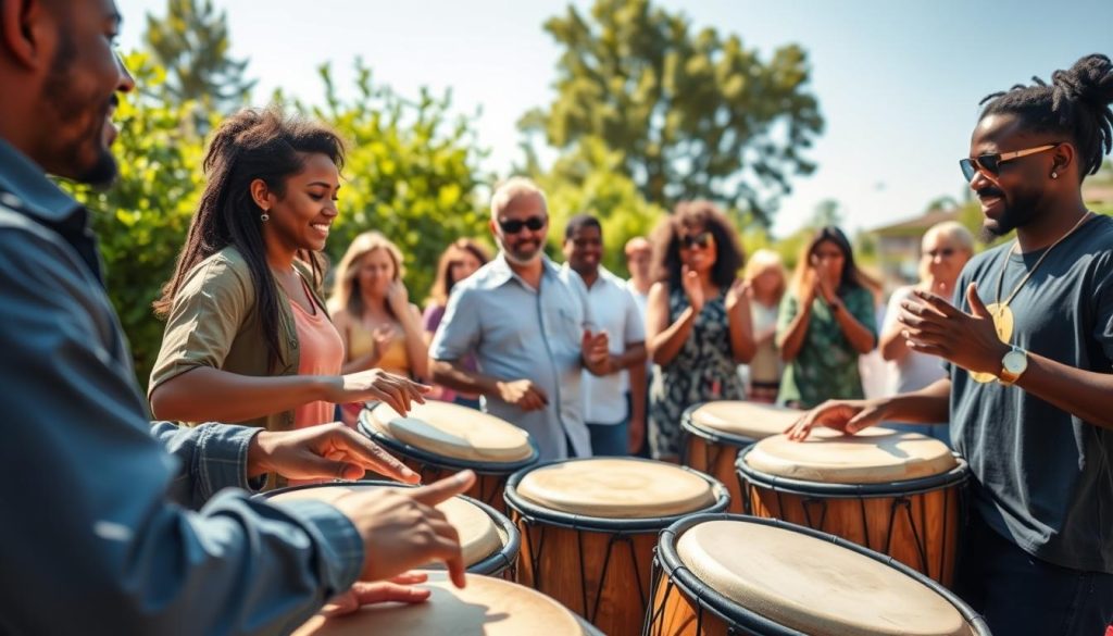 A vibrant scene showcasing a group of diverse individuals engaged in the regular practice of playing the djembé drums in a sunny outdoor setting. In the foreground, several drummers, dressed in comfortable, casual clothing, enthusiastically play their drums, focusing intently on their rhythm. They display a range of emotions, from concentration to joy. In the middle ground, other participants are seen clapping and swaying to the beat, fostering a sense of community and shared passion. The background features lush greenery and a bright blue sky, suggesting an inviting, sunny day perfect for outdoor music. The lighting is warm and golden, enhancing the lively atmosphere. The angle captures both the drummers and the audience, highlighting the interconnectedness of practice and enjoyment in learning music.