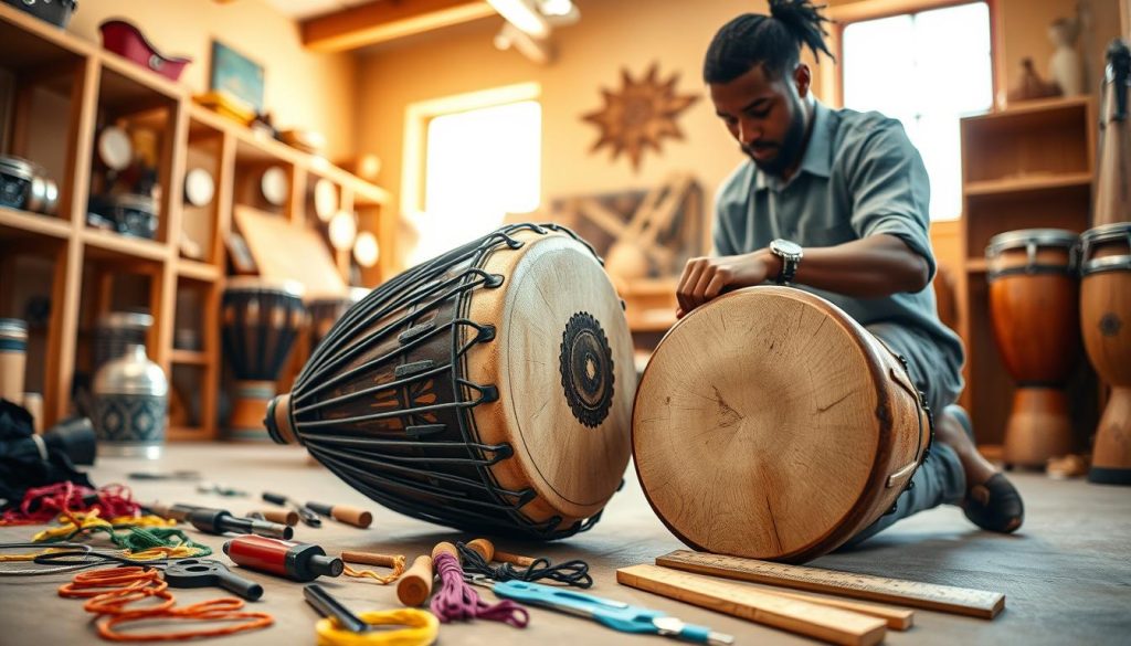 A vibrant scene showcasing a skilled musician preparing a djembé for tuning. In the foreground, the musician, dressed in modest casual wear, kneels beside an intricately carved djembé, examining its drumhead with focused attention. The middle ground features various tuning tools like a tuning wrench and a ruler, with scattered colorful strings and small wooden pieces. In the background, a warm, inviting workshop with natural light streaming through a window highlights wooden shelves filled with percussion instruments. The atmosphere is lively yet serene, emphasizing the meticulous process of preparing a djembé. Use soft lighting to create an inviting feel, with a shallow depth of field to keep the focus on the musician and the drum. A vibrant scene showcasing a skilled musician preparing a djembé for tuning. In the foreground, the musician, dressed in modest casual wear, kneels beside an intricately carved djembé, examining its drumhead with focused attention. The middle ground features various tuning tools like a tuning wrench and a ruler, with scattered colorful strings and small wooden pieces. In the background, a warm, inviting workshop with natural light streaming through a window highlights wooden shelves filled with percussion instruments. The atmosphere is lively yet serene, emphasizing the meticulous process of preparing a djembé. Use soft lighting to create an inviting feel, with a shallow depth of field to keep the focus on the musician and the drum.