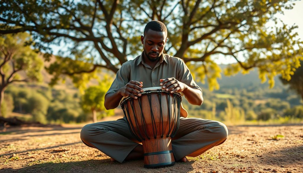 A vibrant scene showcasing a skilled percussionist demonstrating advanced djembé techniques in a serene outdoor setting. In the foreground, a focused artist sits cross-legged, wearing a modest casual shirt and pants, with their hands poised over a beautifully crafted wooden djembé, displaying intricate patterns. The middle ground features a lush landscape, with sunlight filtering through trees, casting dappled shadows on the ground, creating a warm and inviting atmosphere. In the background, soft hills and a blue sky add depth to the setting. The lighting is golden and soft, reminiscent of late afternoon, enhancing the mood of concentration and mastery. The angle captures the dynamism of the performer, emphasizing the energy of the drumming. A vibrant scene showcasing a skilled percussionist demonstrating advanced djembé techniques in a serene outdoor setting. In the foreground, a focused artist sits cross-legged, wearing a modest casual shirt and pants, with their hands poised over a beautifully crafted wooden djembé, displaying intricate patterns. The middle ground features a lush landscape, with sunlight filtering through trees, casting dappled shadows on the ground, creating a warm and inviting atmosphere. In the background, soft hills and a blue sky add depth to the setting. The lighting is golden and soft, reminiscent of late afternoon, enhancing the mood of concentration and mastery. The angle captures the dynamism of the performer, emphasizing the energy of the drumming.