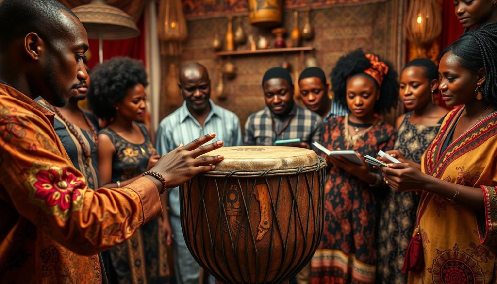 A visually engaging scene featuring a diverse group of musicians gathered around a beautiful, intricately carved djembé. In the foreground, a skilled musician with a focused expression is demonstrating the three distinct tones: bass, tonique, and claqué, with their hands poised above the drum. The djembé is prominently displayed, showcasing its textured surface and vibrant colors. In the middle ground, attentive listeners are observing, nodding in appreciation, and taking notes, creating a sense of learning and collaboration. The background is adorned with rich textiles and traditional African decor, giving an ambient cultural atmosphere. Soft, warm lighting enhances the scene, casting gentle shadows and highlights. The lens is positioned at eye level, capturing the emotional engagement of the participants, evoking a mood of inspiration and community around the art of playing the djembé.