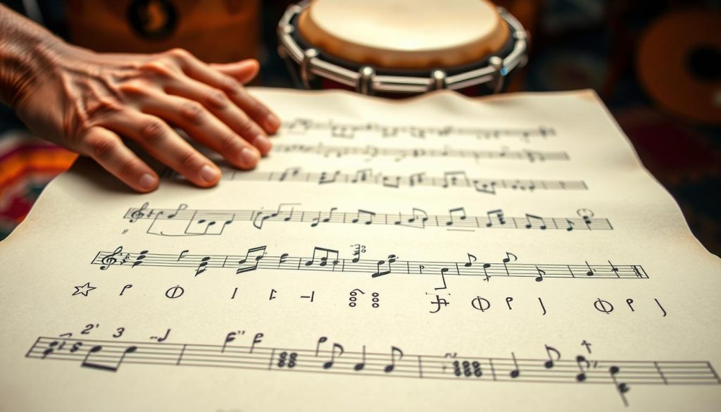 A beautifully arranged layout of a percussion sheet featuring intricate symbols for various notes used in djembé. In the foreground, focus on various percussion symbols such as notes, rests, and dynamics, depicted in crisp black ink on a parchment-style background. The middle ground includes a pair of hands gently tapping on a djembé, showcasing the interaction between the musician and the sheet music. The background consists of soft, warm lighting that creates an inviting atmosphere, with blurred hints of a vibrant musical environment, such as colorful drums or abstract patterns. The overall mood is educational and inspiring, capturing the essence of learning and interpreting percussion music clearly and artistically.
