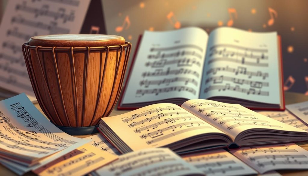 A detailed and vibrant illustration focusing on the fundamental aspects of reading notes and rhythms for djembé music. In the foreground, depict a wooden djembé drum surrounded by colorful sheet music displaying various rhythmic notations. In the middle ground, showcase an open music theory book, with clear examples of notes and rhythmic patterns. In the background, softly blurred musical symbols like quarter notes, eighth notes, and rests dance across the page, symbolizing the rhythm in motion. Use warm, inviting lighting to create a lively atmosphere, adding depth and dimension with a slight tilt-angle perspective. The overall mood should evoke creativity and musical expression, ideal for an educational setting on djembé rhythm reading. A detailed and vibrant illustration focusing on the fundamental aspects of reading notes and rhythms for djembé music. In the foreground, depict a wooden djembé drum surrounded by colorful sheet music displaying various rhythmic notations. In the middle ground, showcase an open music theory book, with clear examples of notes and rhythmic patterns. In the background, softly blurred musical symbols like quarter notes, eighth notes, and rests dance across the page, symbolizing the rhythm in motion. Use warm, inviting lighting to create a lively atmosphere, adding depth and dimension with a slight tilt-angle perspective. The overall mood should evoke creativity and musical expression, ideal for an educational setting on djembé rhythm reading.