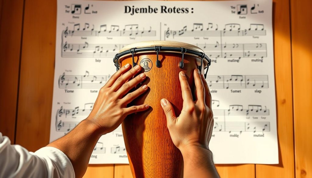A vibrant, detailed illustration of the four basic notes of the djembe, focusing on a traditional wooden djembe drum positioned at the center. In the foreground, show a skilled musician's hands striking the drum, emphasizing various hand techniques and positions. The background features an array of musical notes and diagrams, visually representing the four notes: bass, tone, slap, and muting. Use warm, natural lighting to create an inviting atmosphere, with soft shadows adding depth. Capture the essence of rhythm and movement through a slightly angled perspective, showcasing the action and energy of the performance. The mood should be lively and educational, inviting viewers to engage with the learning process.