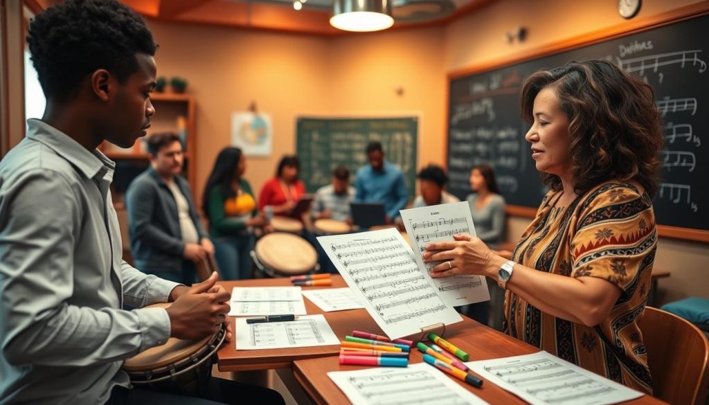 A vibrant scene depicting a diverse group of individuals in a cozy music classroom, focused on learning to read djembé music notation. In the foreground, a middle-aged woman demonstrates the djembe technique with passion, wearing casual professional attire. On the left, a young man attentively follows along with sheet music, showcasing the notation clearly on the page. In the middle ground, a wooden desk holds additional djembé sheets and colorful markers, scattered rhythm patterns, creating an engaging atmosphere. The background displays a large chalkboard with rhythmic diagrams, enhanced by warm, inviting overhead lighting. The entire setting radiates a sense of collaborative learning and enthusiasm for music, capturing the essence of practical application in reading djembé music.